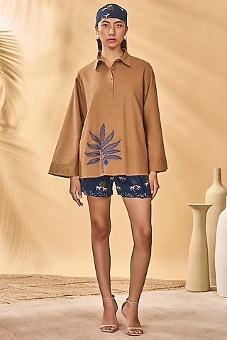 Midnight Blue Cotton Silk Printed Shorts by Masaba