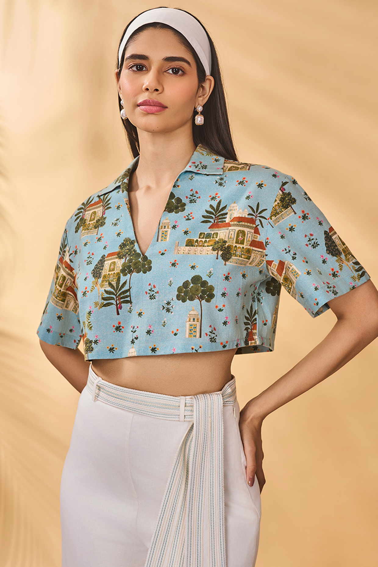 Blue Cotton Linen Printed Crop Top by Masaba at Pernia's Pop Up Shop