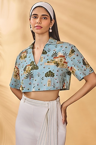 Blue Cotton Linen Printed Crop Top by Masaba