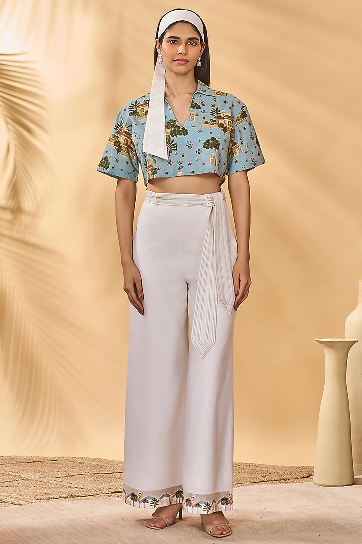 Blue Cotton Linen Printed Crop Top by Masaba at Pernia's Pop Up Shop