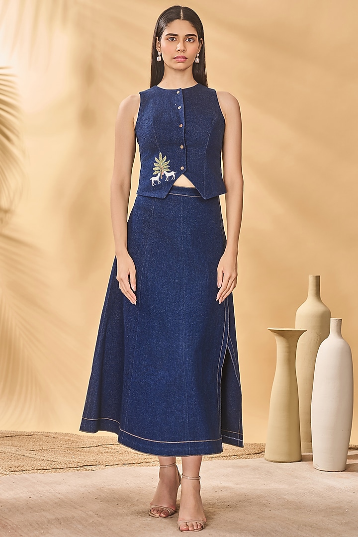 Midnight Blue Denim A-Line Skirt by Masaba at Pernia's Pop Up Shop