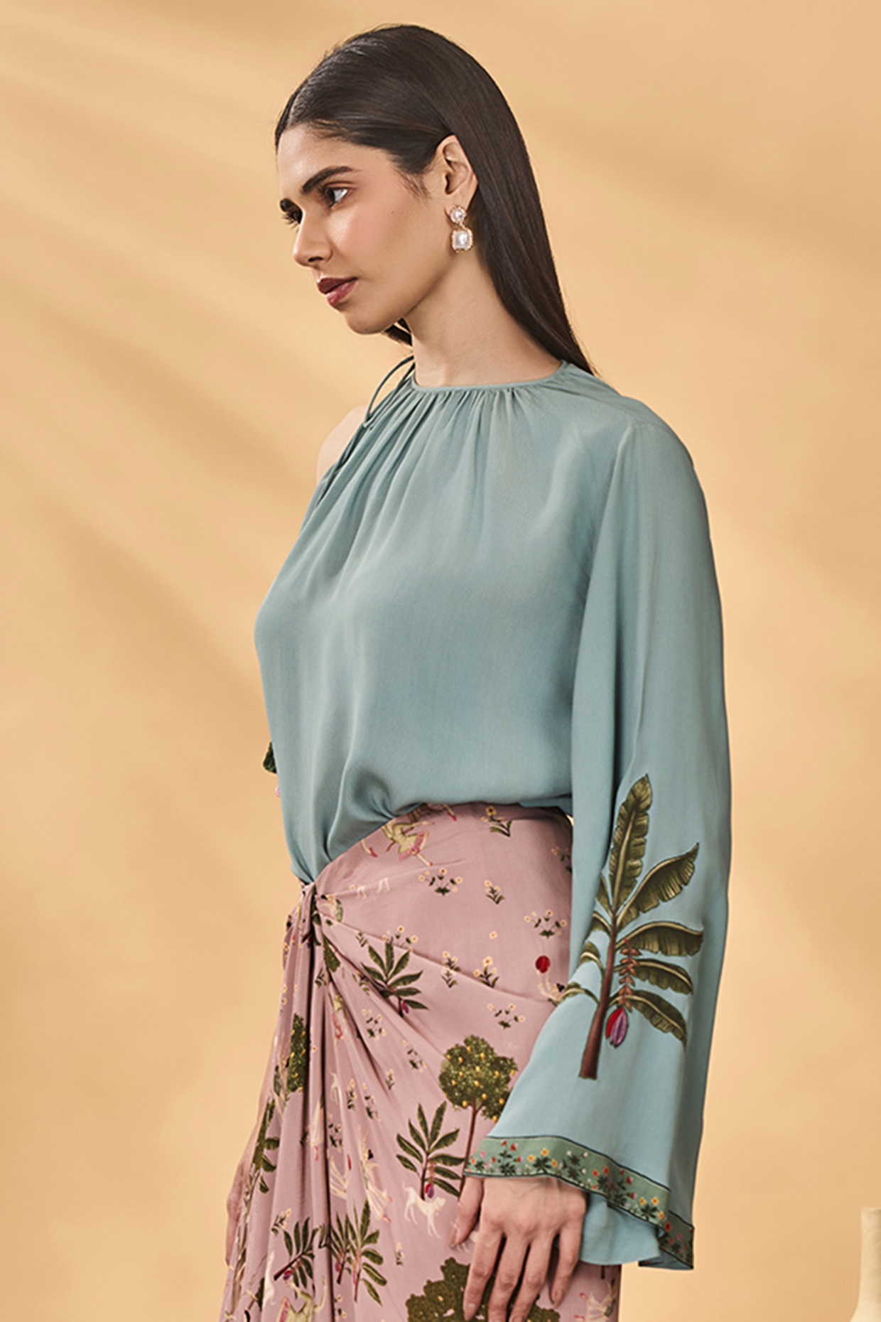 Blue Crepe Silk Patchwork One-Shoulder Top by Masaba at Pernia's Pop Up Shop