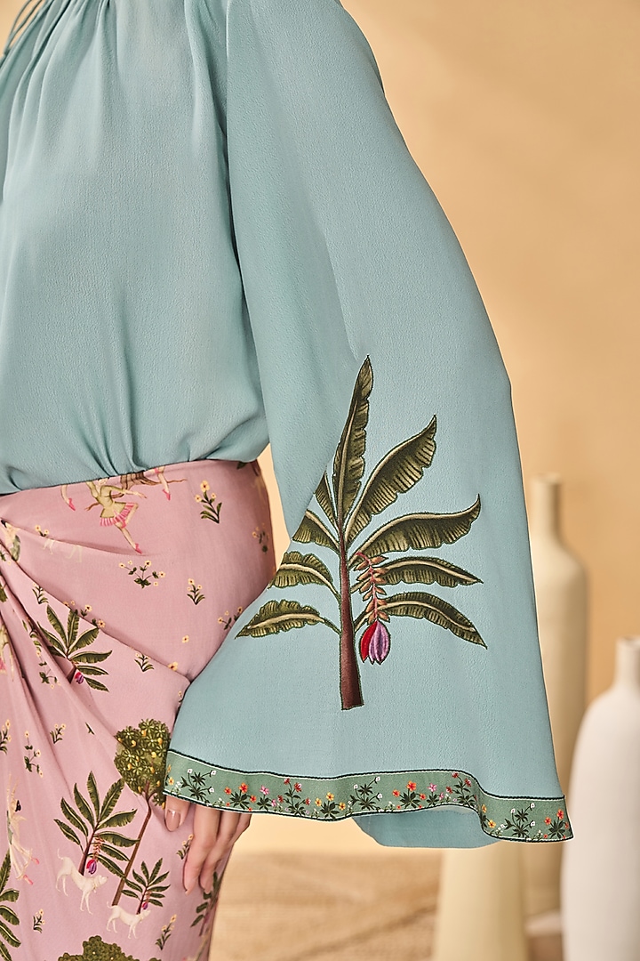 Blue Crepe Silk Patchwork One-Shoulder Top by Masaba at Pernia's Pop Up Shop