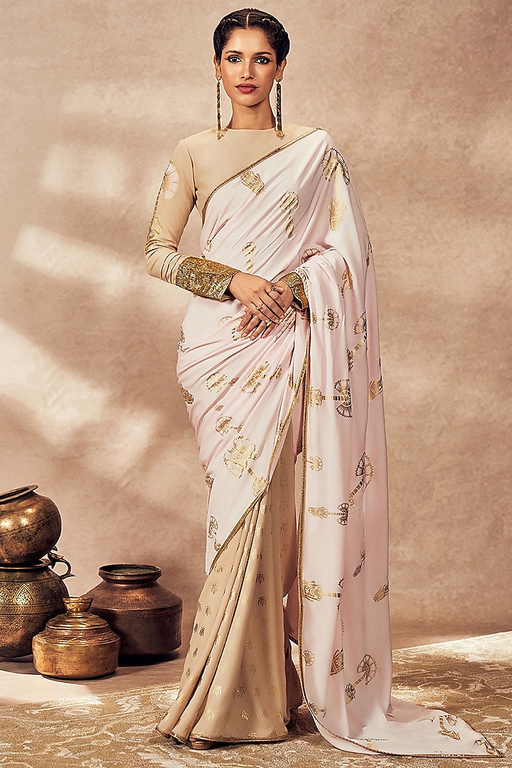 Beige & Pink Crepe Silk Foil Printed Saree Set by Masaba at Pernia's Pop Up Shop