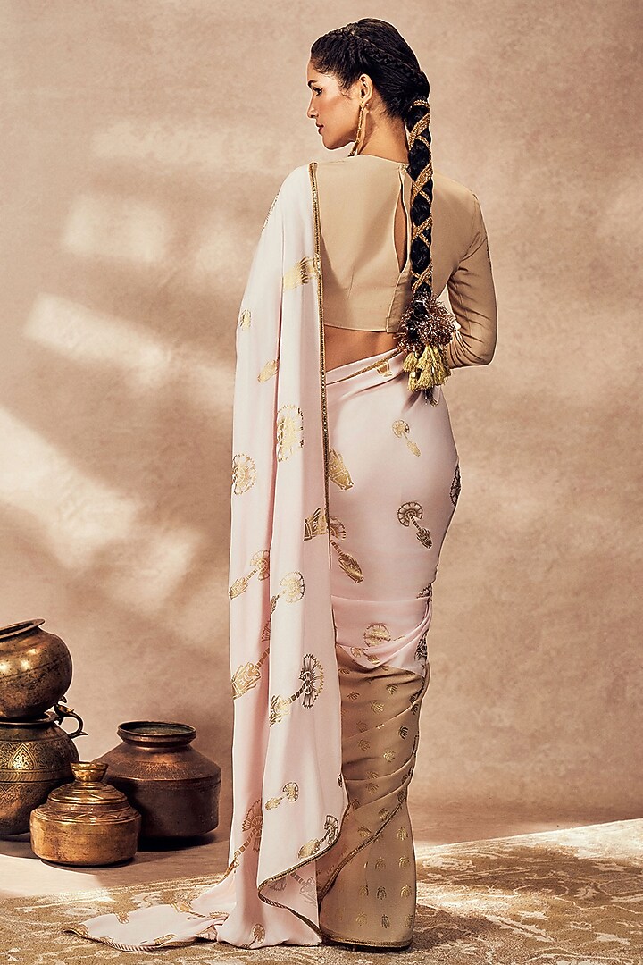 Beige & Pink Crepe Silk Foil Printed Party Wear Saree Set by Masaba at Pernia's Pop Up Shop