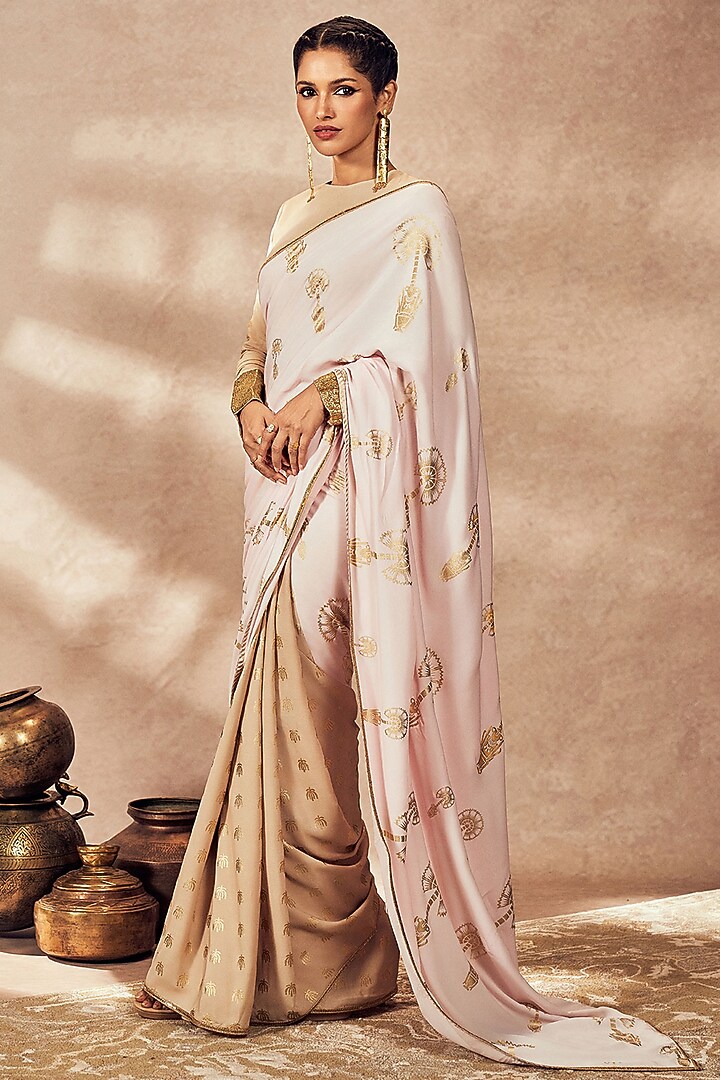 Beige & Pink Crepe Silk Foil Printed Party Wear Saree Set by Masaba at Pernia's Pop Up Shop