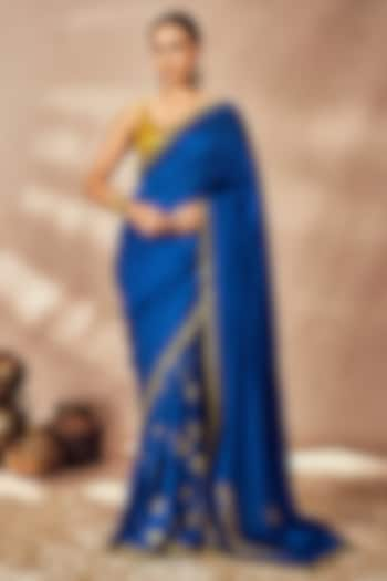 Blue Raw Silk Motif Embellished Saree Set by Masaba