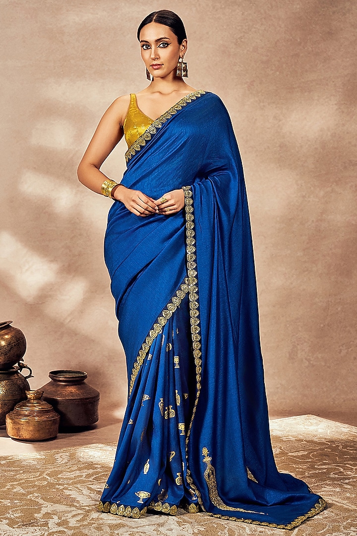 Blue Raw Silk Motif Embellished Saree Set by Masaba