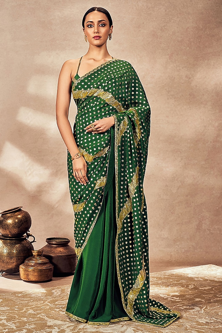 Green Crepe Silk Foil Printed & Gota Embellished Saree Set by Masaba at Pernia's Pop Up Shop