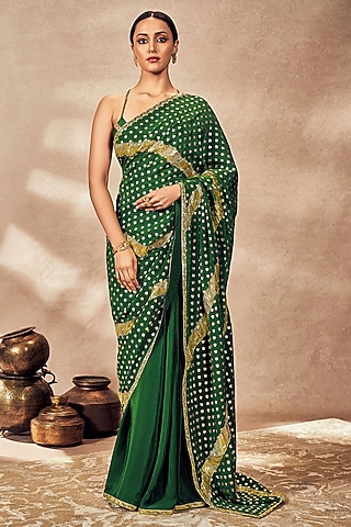 Green Crepe Silk Foil Printed & Gota Embellished Saree Set by Masaba
