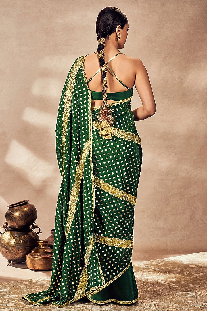 Green Crepe Silk Foil Printed & Gota Embellished Wedding Saree Set by Masaba at Pernia's Pop Up Shop