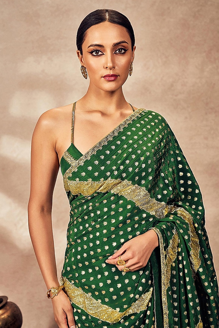 Green Crepe Silk Foil Printed & Gota Embellished Wedding Saree Set by Masaba at Pernia's Pop Up Shop
