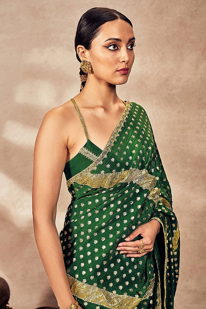 Green Crepe Silk Foil Printed & Gota Embellished Wedding Saree Set by Masaba at Pernia's Pop Up Shop