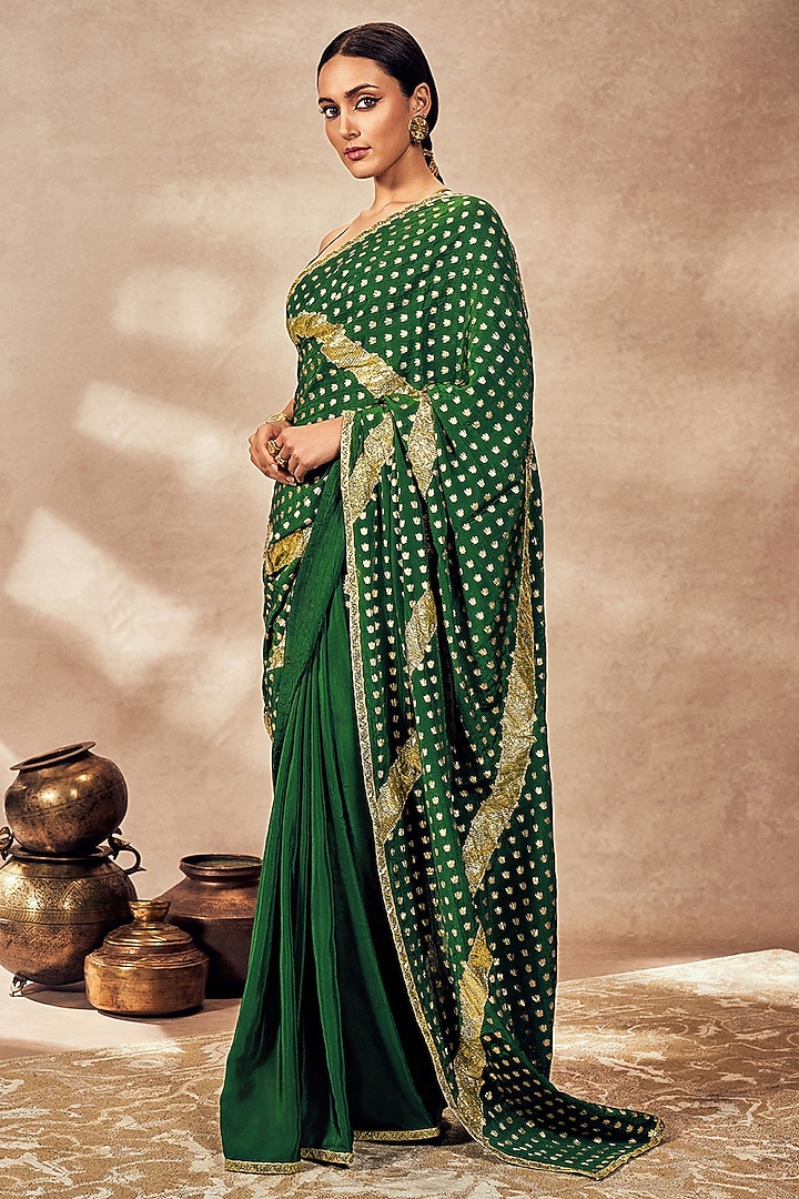 Green Crepe Silk Foil Printed & Gota Embellished Wedding Saree Set by Masaba at Pernia's Pop Up Shop