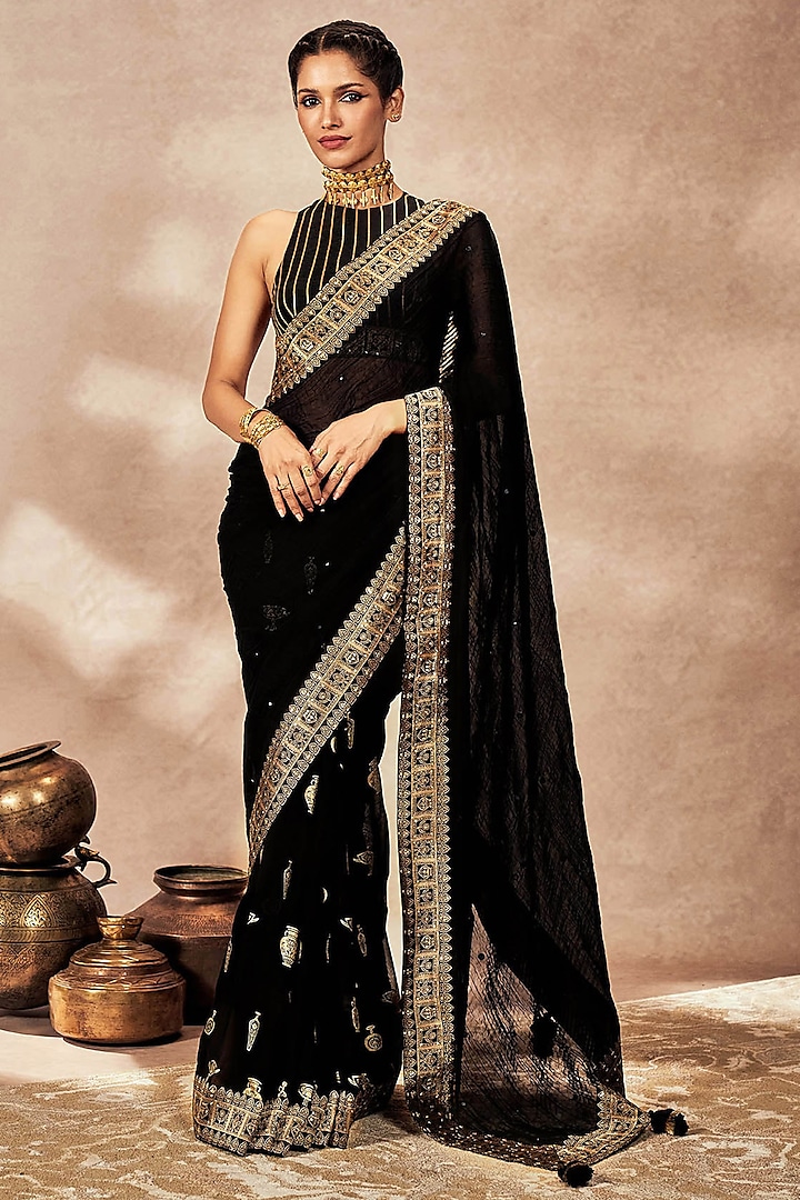 Black Georgette & Raw Silk Foil Printed & Mirror Embellished Saree Set by Masaba