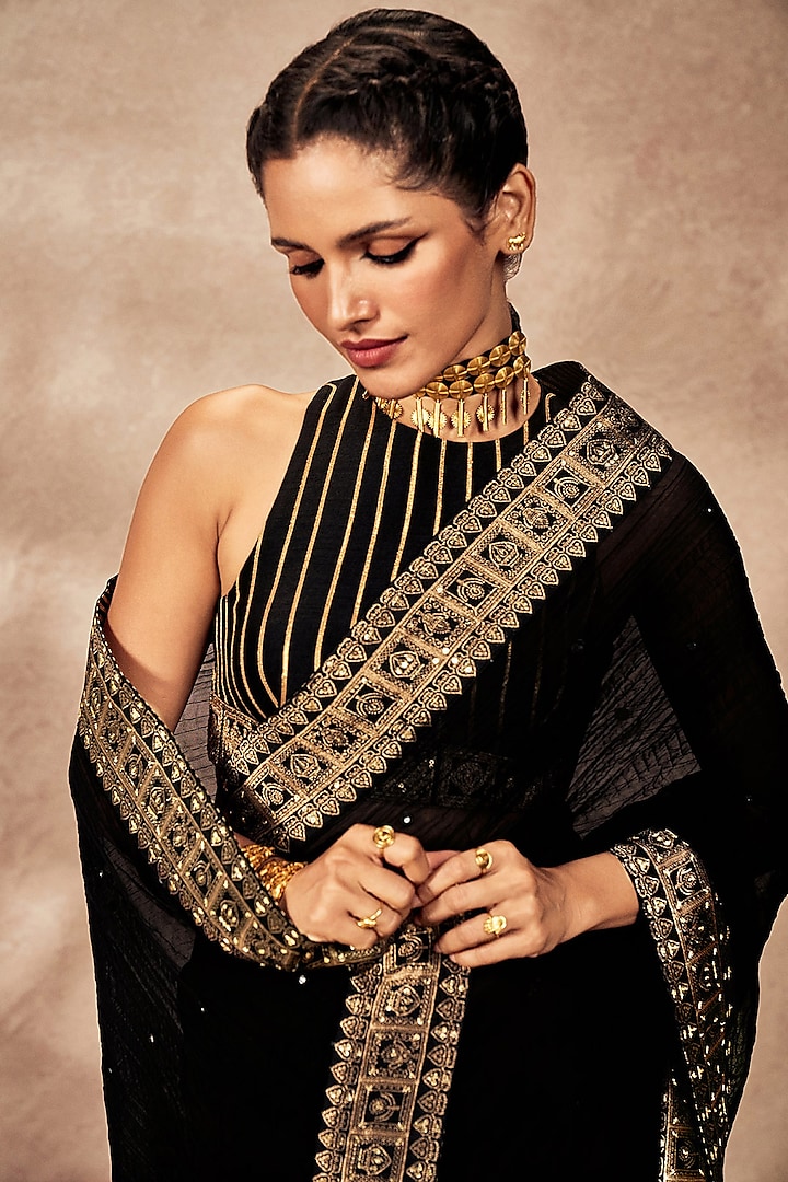 Black Georgette & Raw Silk Foil Printed & Mirror Embellished Wedding Saree Set by Masaba at Pernia's Pop Up Shop