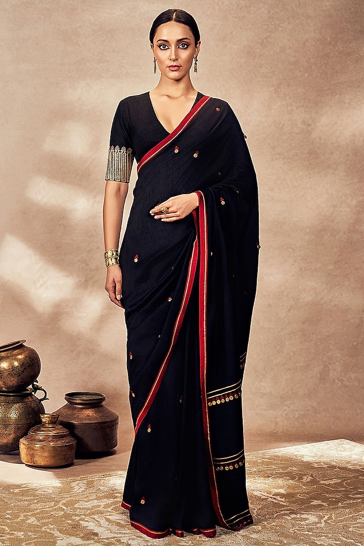 Black Raw Silk Gota Embroidered Wedding Saree Set by Masaba at Pernia's Pop Up Shop
