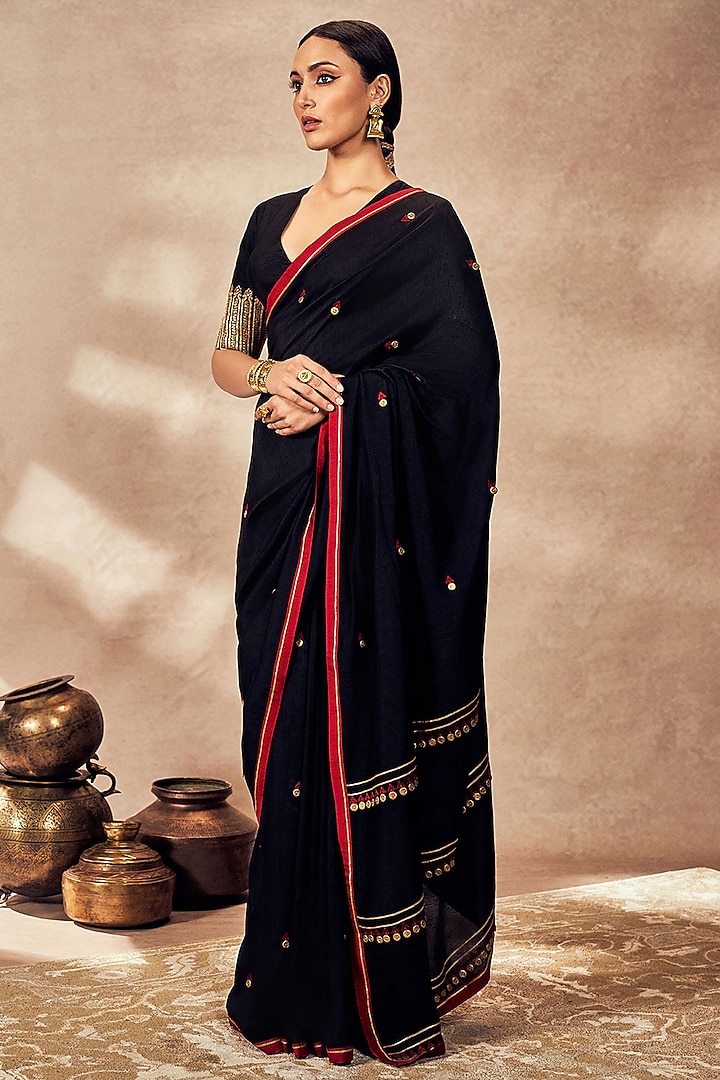 Black Raw Silk Gota Embroidered Wedding Saree Set by Masaba at Pernia's Pop Up Shop