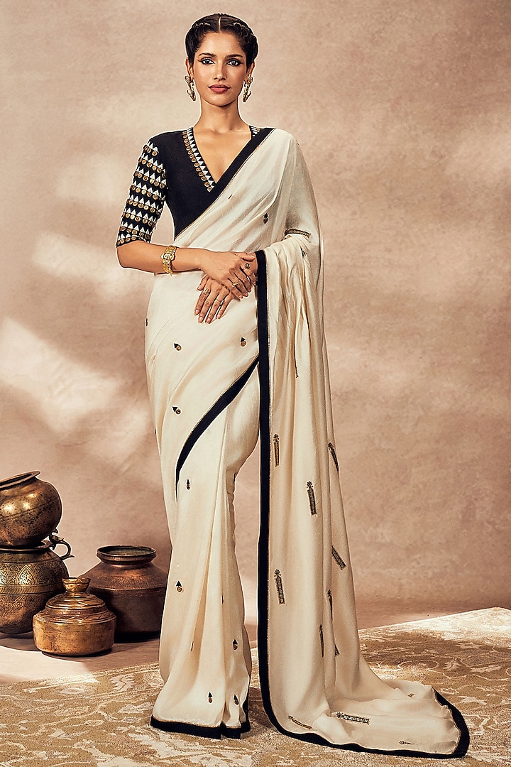 Ivory Raw Silk Gota Embroidered Wedding Saree Set by Masaba at Pernia's Pop Up Shop
