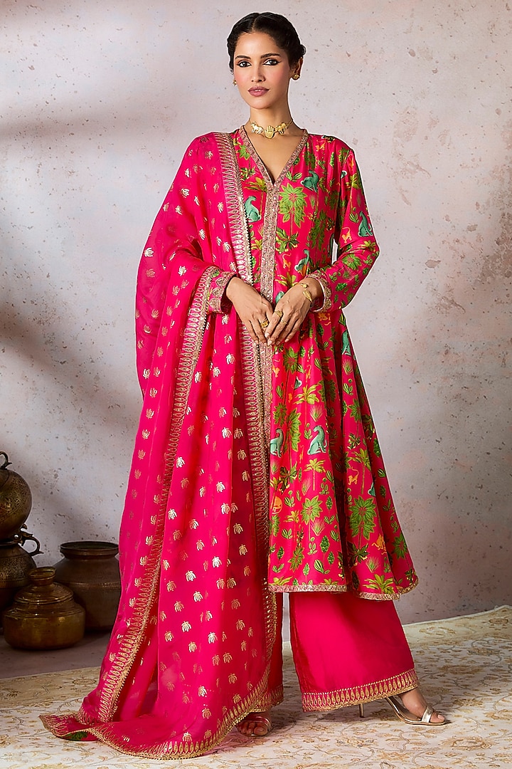 Pink Raw Silk Digital Printed & Embellished A-Line Kurta Set by Masaba