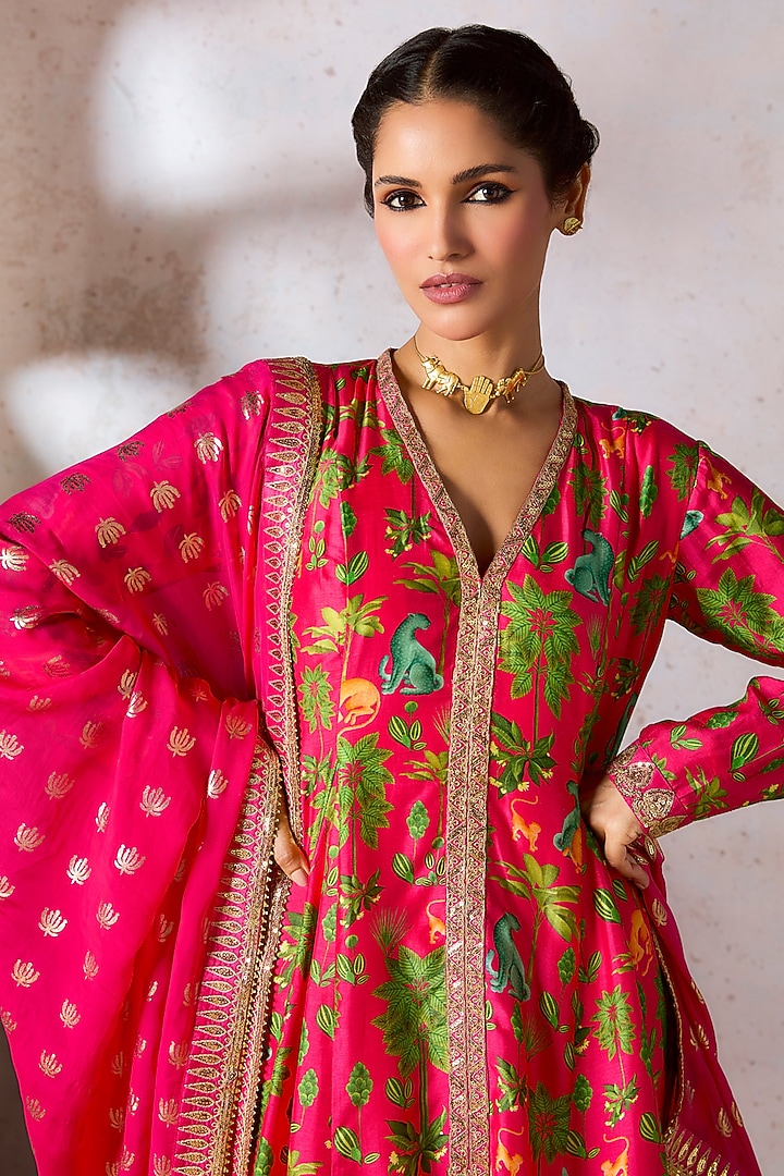 Pink Raw Silk Digital Printed & Embellished A-Line Kurta Set by Masaba at Pernia's Pop Up Shop