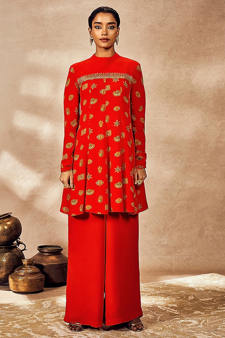 Red Crepe Silk Printed & Sequin Embroidered A-Line Tunic Set by Masaba