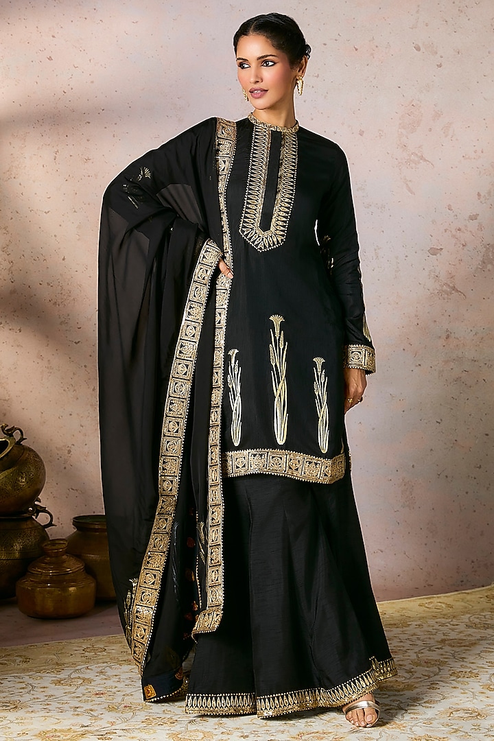 Black Raw Silk Embellished Sharara Set by Masaba