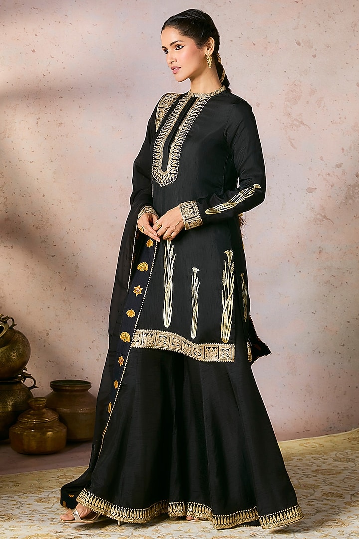 Black Raw Silk Embellished Wedding Sharara Set by Masaba at Pernia's Pop Up Shop