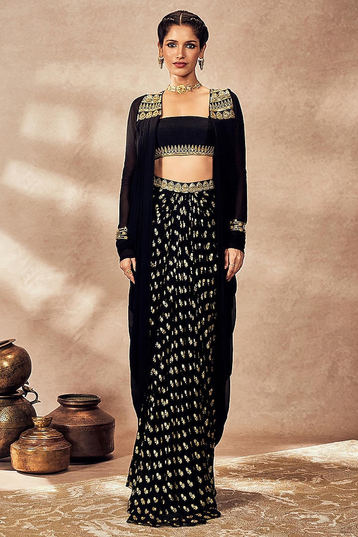 Black Georgette Printed & Embellished Draped Skirt Set by Masaba at Pernia's Pop Up Shop