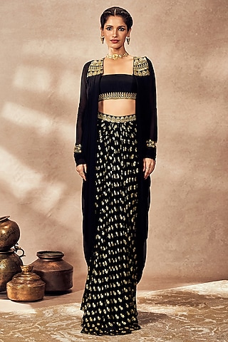 Black Georgette Printed & Embellished Draped Skirt Set by Masaba