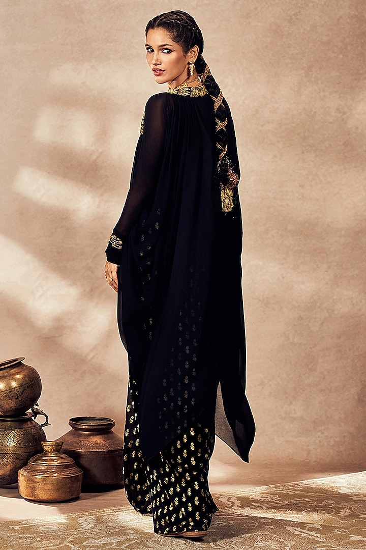 Black Georgette Printed & Embellished Draped Skirt Set by Masaba at Pernia's Pop Up Shop