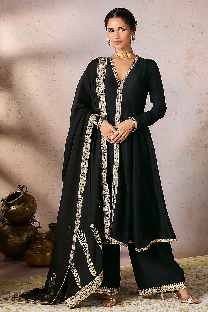 Black Raw Silk Embellished A-Line Kurta Set by Masaba