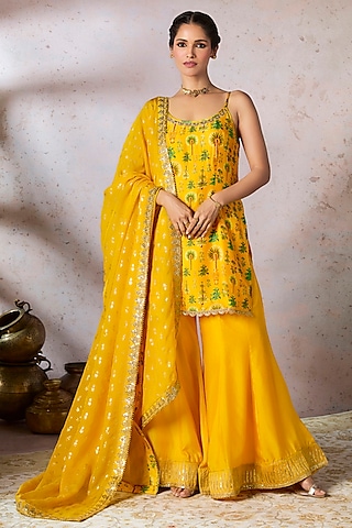 Yellow Raw Silk Embellished Sharara Set by Masaba