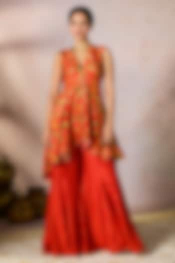 Red Raw Silk Digital Printed & Kinari Gota Work Sharara Set by Masaba