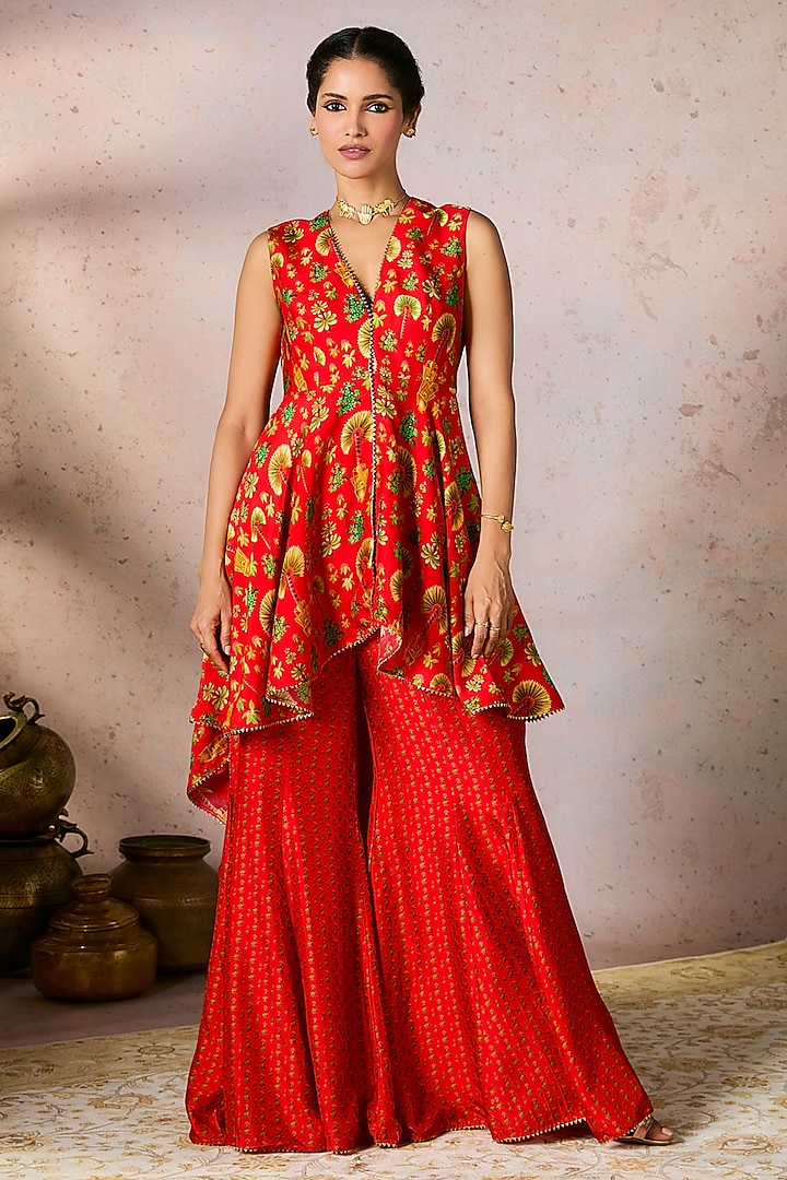 Red Raw Silk Digital Printed & Kinari Gota Work Sharara Set by Masaba