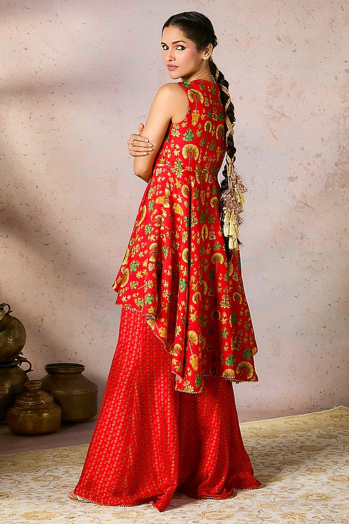 Red Raw Silk Digital Printed & Kinari Gota Work Party Wear Sharara Set by Masaba at Pernia's Pop Up Shop