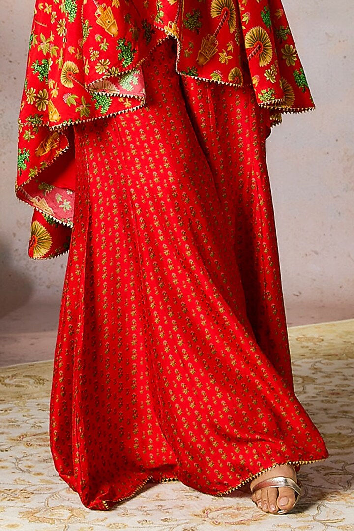 Red Raw Silk Digital Printed & Kinari Gota Work Party Wear Sharara Set by Masaba at Pernia's Pop Up Shop