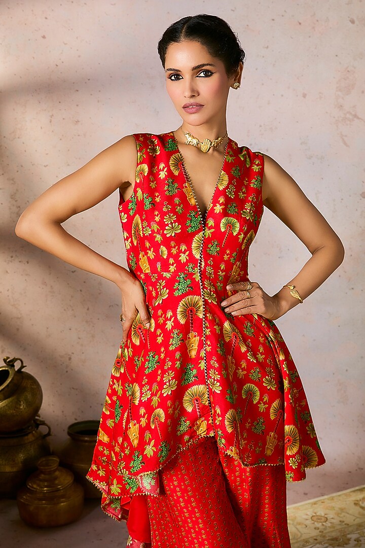 Red Raw Silk Digital Printed & Kinari Gota Work Party Wear Sharara Set by Masaba at Pernia's Pop Up Shop