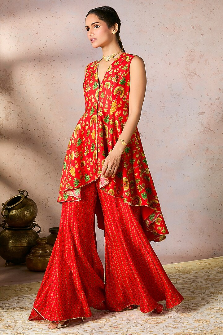 Red Raw Silk Digital Printed & Kinari Gota Work Party Wear Sharara Set by Masaba at Pernia's Pop Up Shop