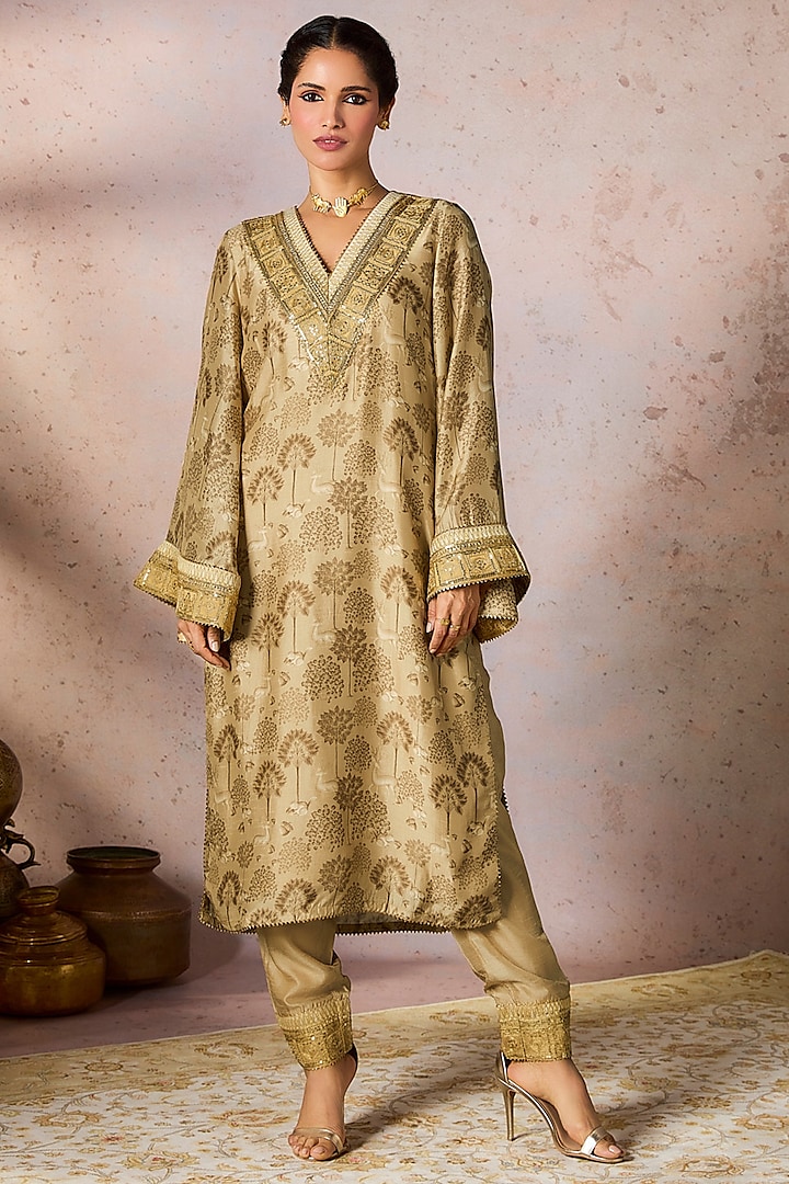 Beige Raw Silk Kinari Embroidered & Printed Kurta Set by Masaba at Pernia's Pop Up Shop