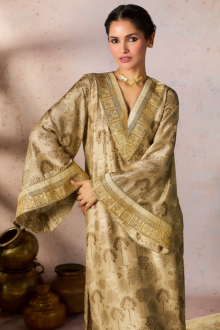 Beige Raw Silk Kinari Embroidered & Printed Kurta Set by Masaba at Pernia's Pop Up Shop