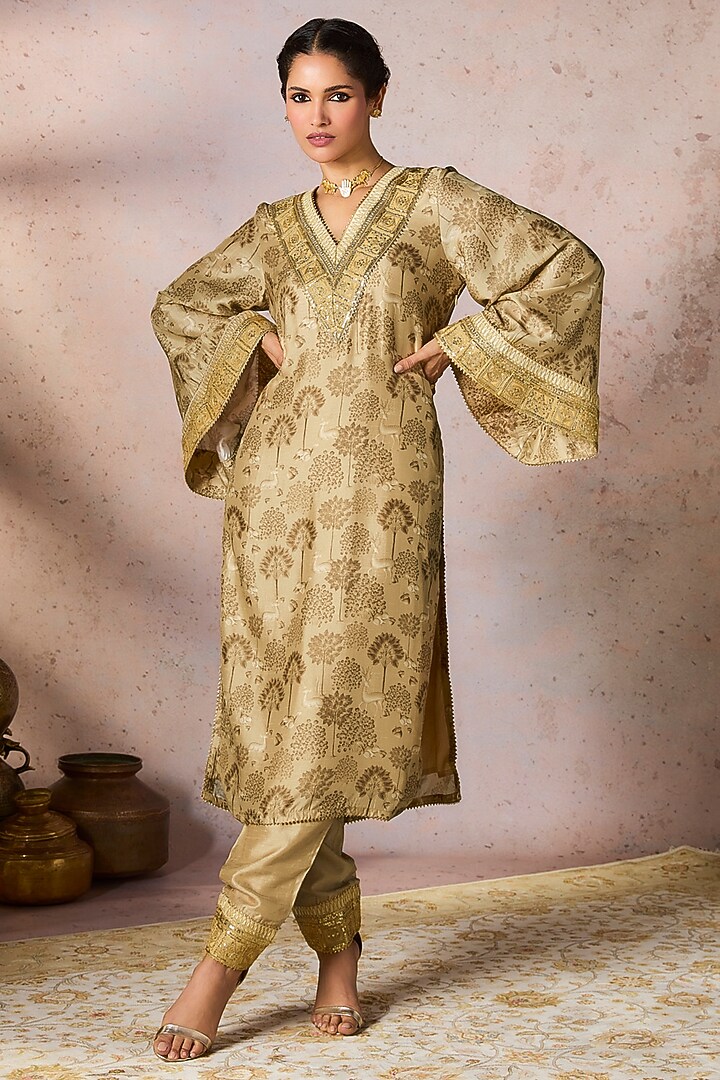 Beige Raw Silk Kinari Embroidered & Printed Kurta Set by Masaba at Pernia's Pop Up Shop