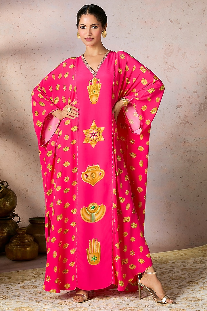 Pink Crepe Silk Trinket Patchwork Kaftan by Masaba at Pernia's Pop Up Shop