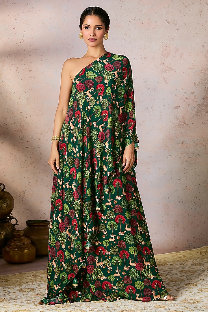 Green Crepe Silk Digital Printed & Tassel Embellished One-Shoulder Dress by Masaba