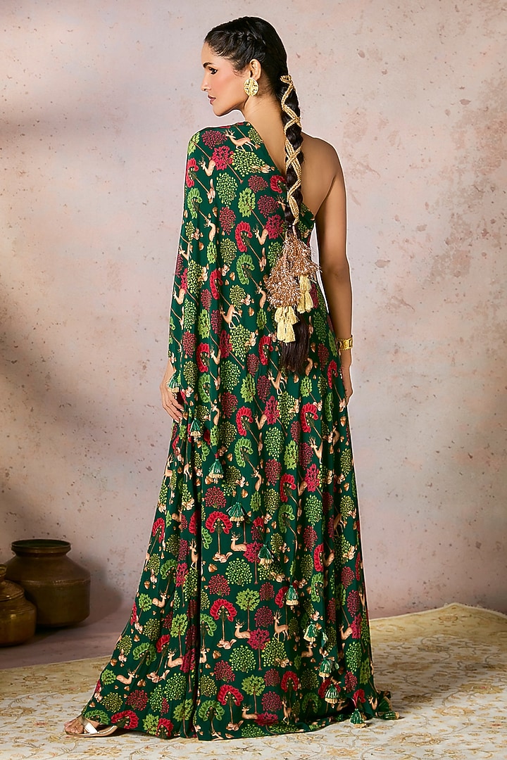 Green Crepe Silk Digital Printed & Tassel Embellished One-Shoulder Vacation Dress by Masaba at Pernia's Pop Up Shop