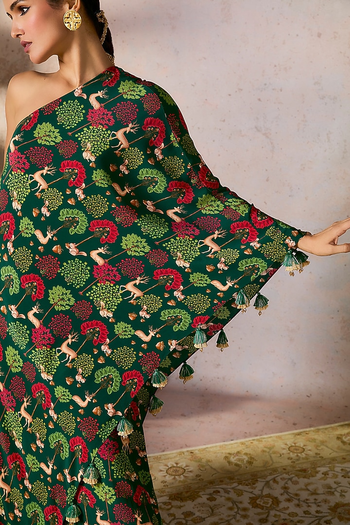 Green Crepe Silk Digital Printed & Tassel Embellished One-Shoulder Vacation Dress by Masaba at Pernia's Pop Up Shop