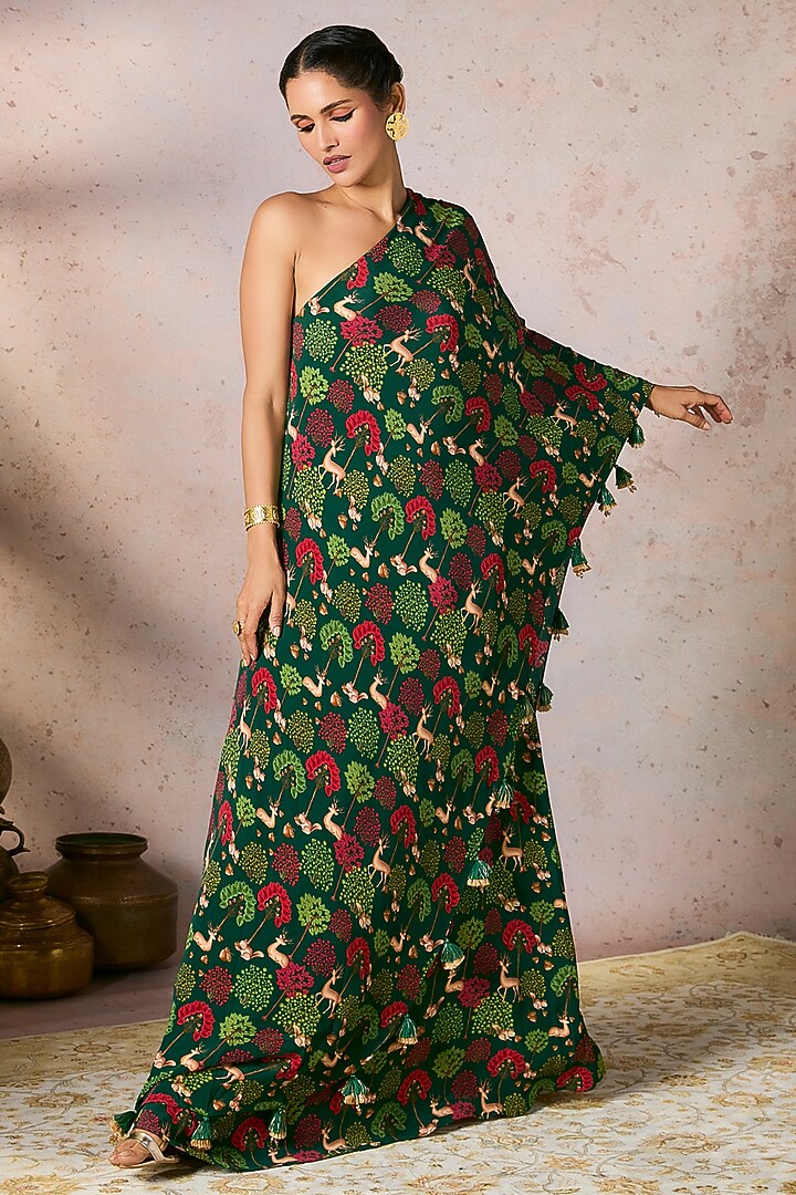 Green Crepe Silk Digital Printed & Tassel Embellished One-Shoulder Vacation Dress by Masaba at Pernia's Pop Up Shop