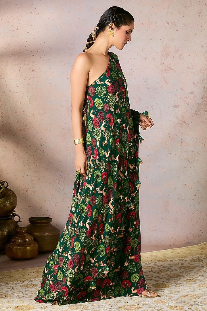 Green Crepe Silk Digital Printed & Tassel Embellished One-Shoulder Vacation Dress by Masaba at Pernia's Pop Up Shop