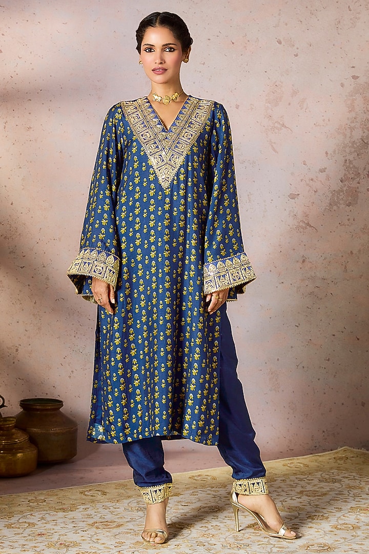 Blue Raw Silk Kinari Embroidered & Printed Kurta Set by Masaba at Pernia's Pop Up Shop