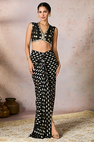 Black Georgette Printed Draped Skirt Set by Masaba